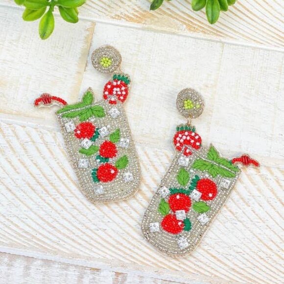 Strawberry Bellini Cocktail Bead Embroidered Summer Drink Statement Earrings NEW - Picture 3 of 3
